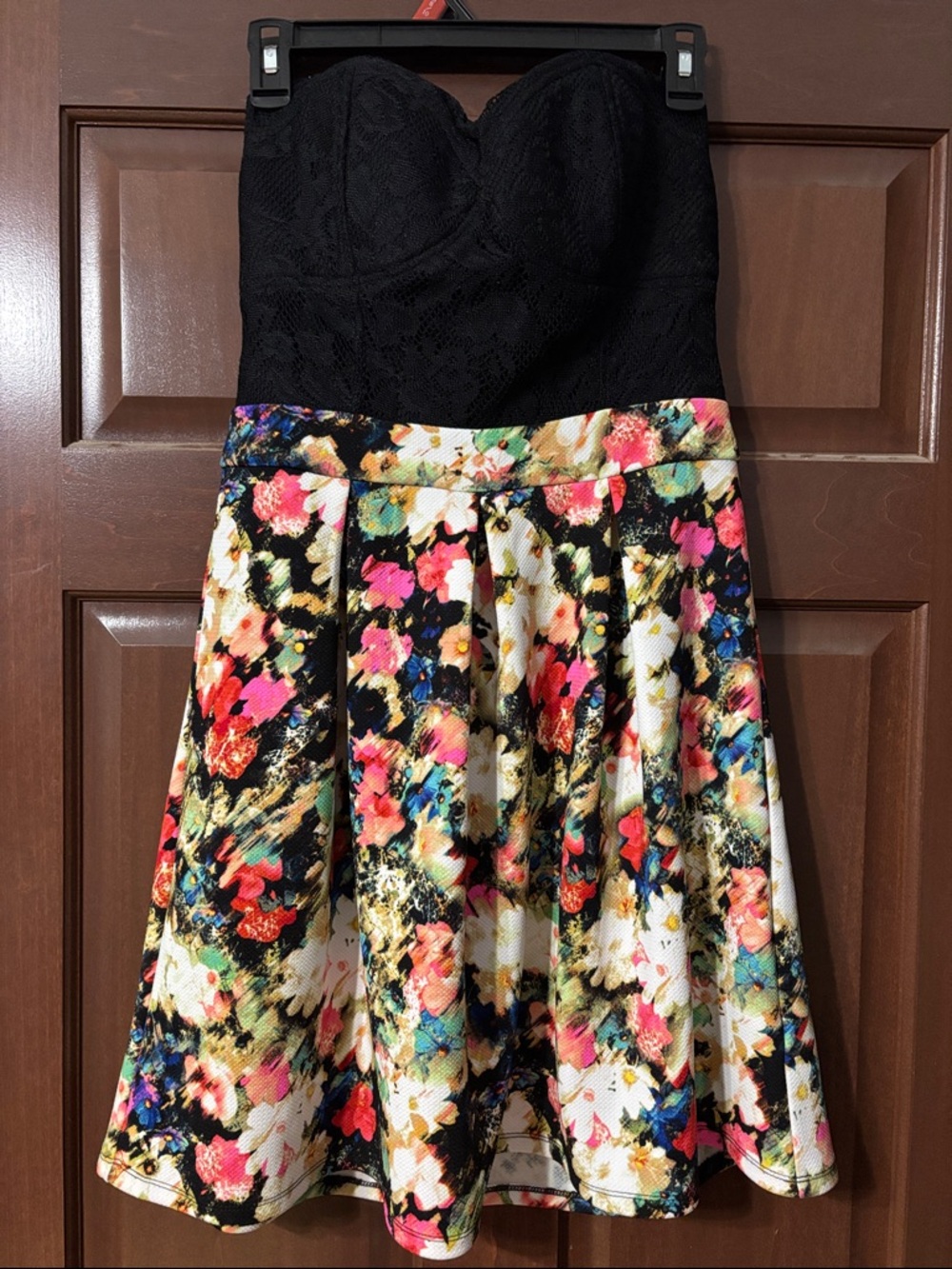 Xhilaration strapless, black lace bustier, floral dress size medium